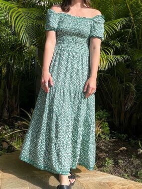 Max Studio Green and White Ditzy Floral Off Shoulder Maxi Dress